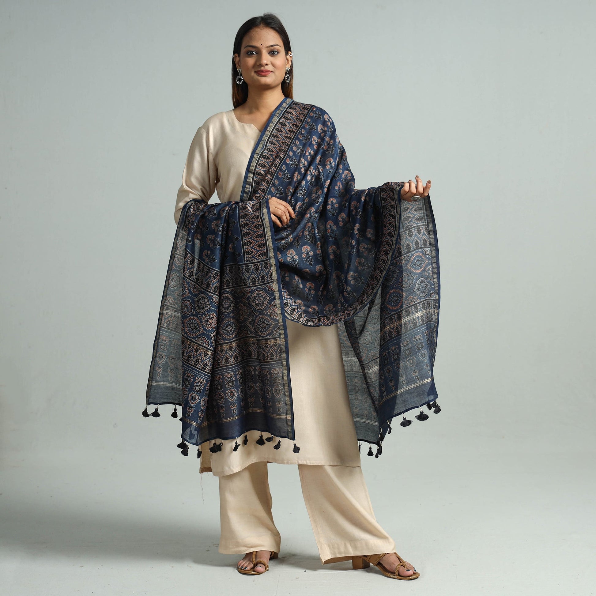 Blue - Hand Block Print Chanderi Silk Ajrakh Dupatta 58