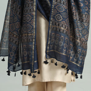Blue - Hand Block Print Chanderi Silk Ajrakh Dupatta 58