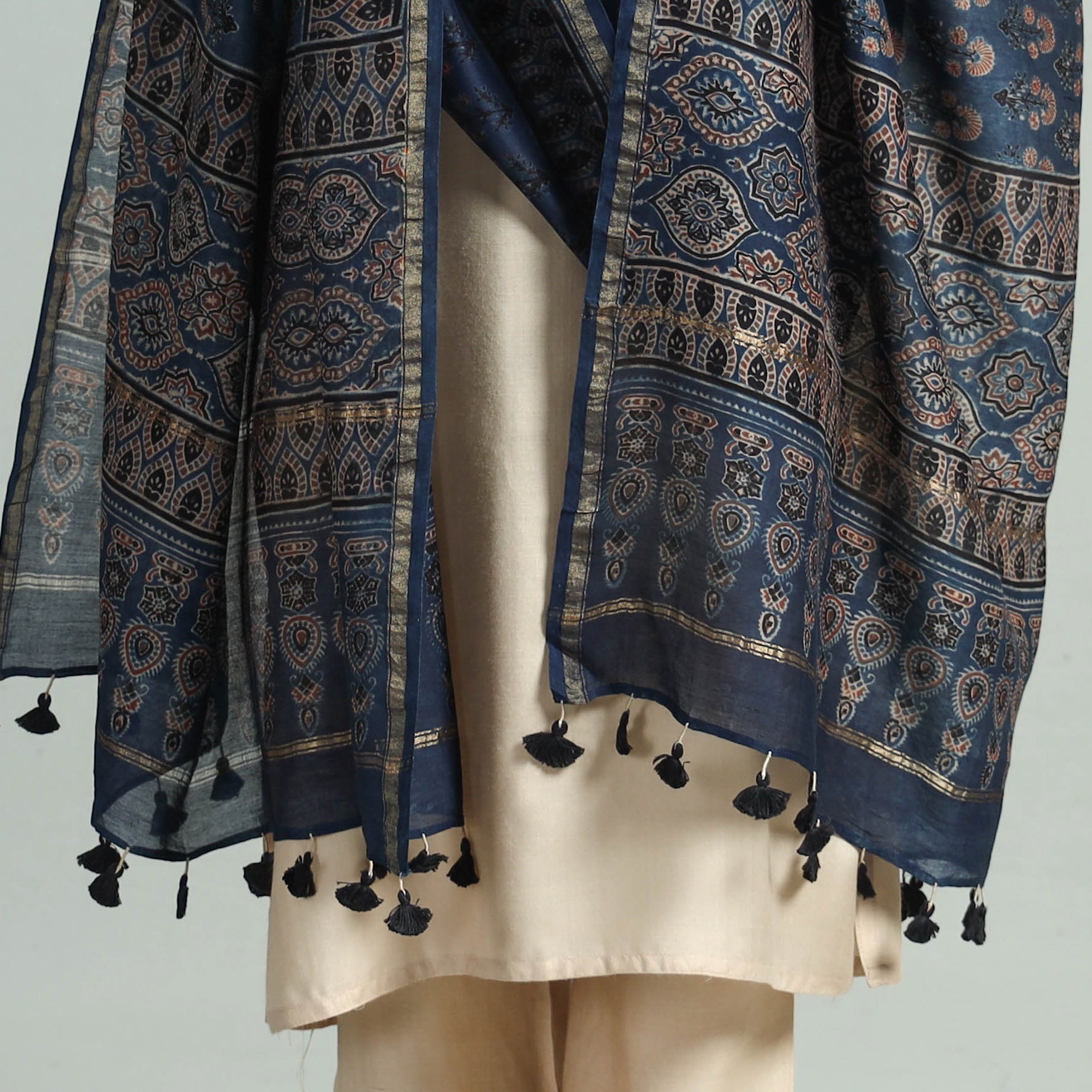 Blue - Hand Block Print Chanderi Silk Ajrakh Dupatta 58