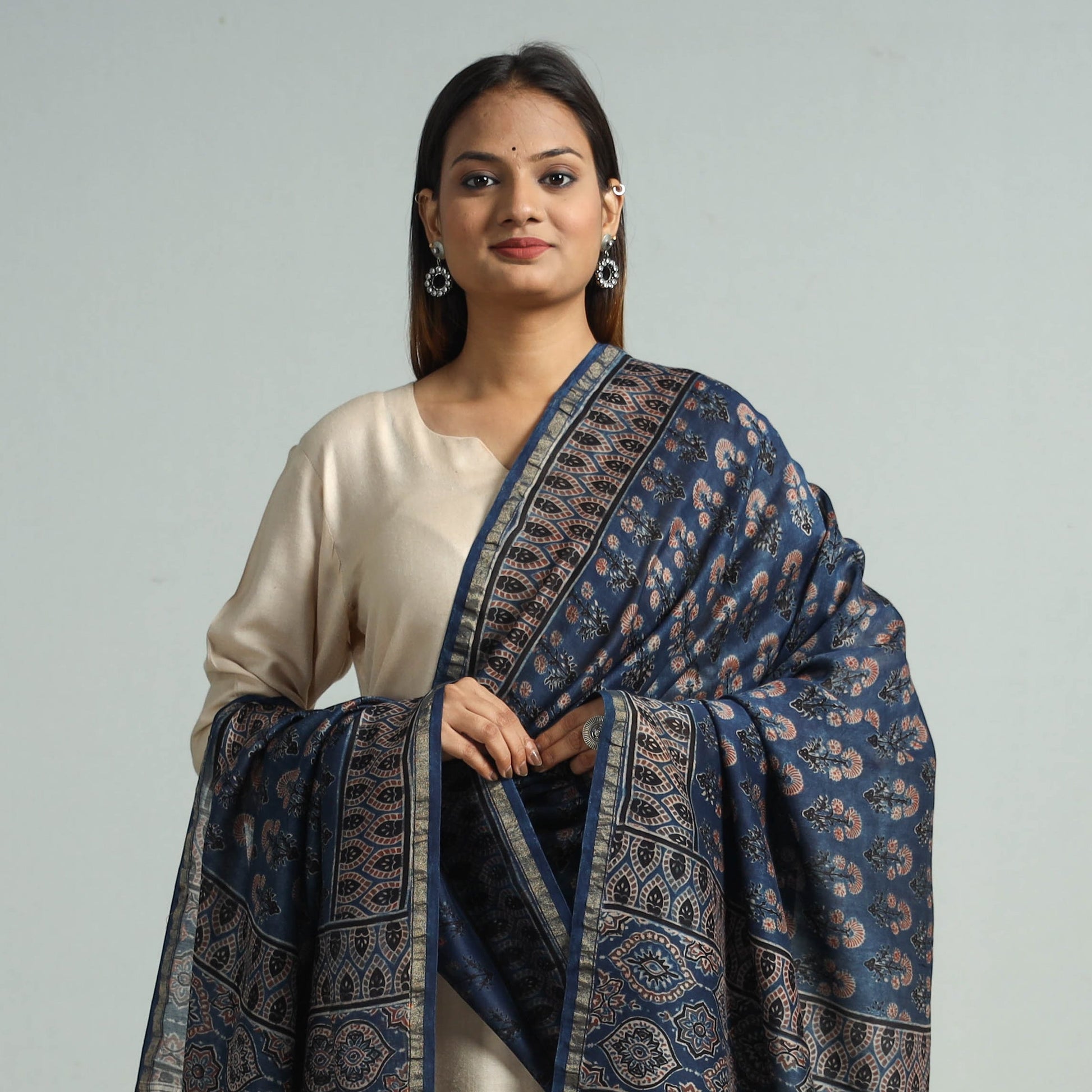 Blue - Hand Block Print Chanderi Silk Ajrakh Dupatta 58