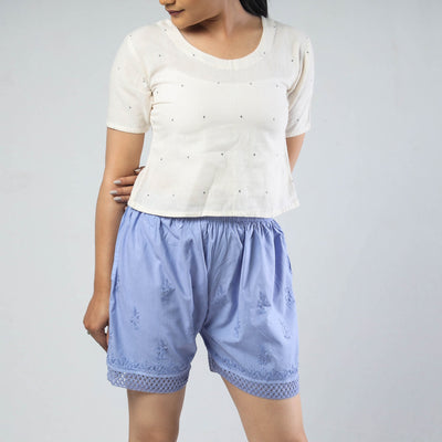 Blue - Chikankari Hand Embroidered Cotton Short