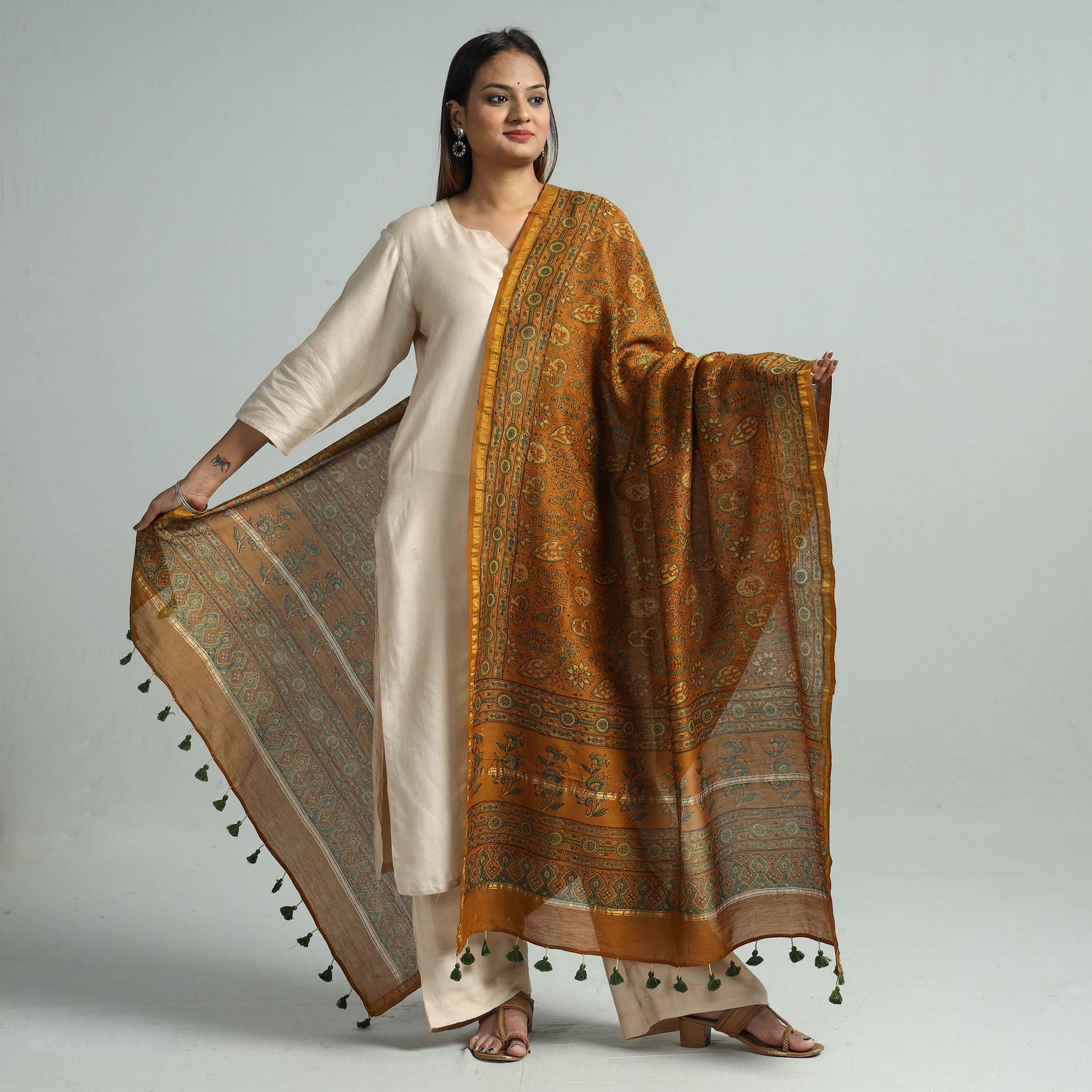 Brown - Hand Block Print Chanderi Silk Ajrakh Dupatta 59