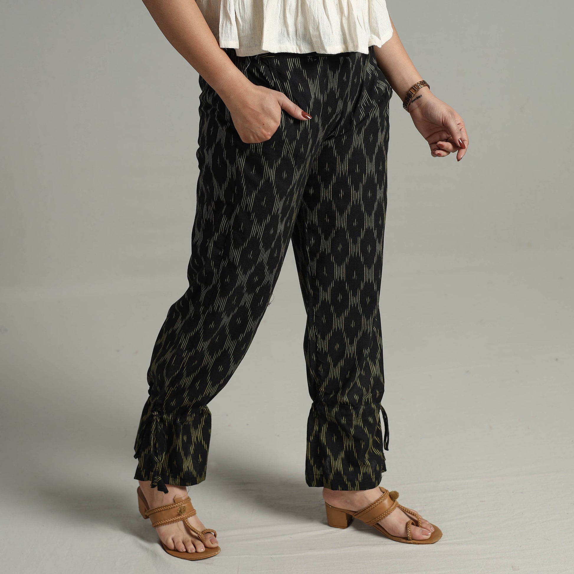 Black - Pochampally Ikat Weave Cotton Elasticated Pant 14