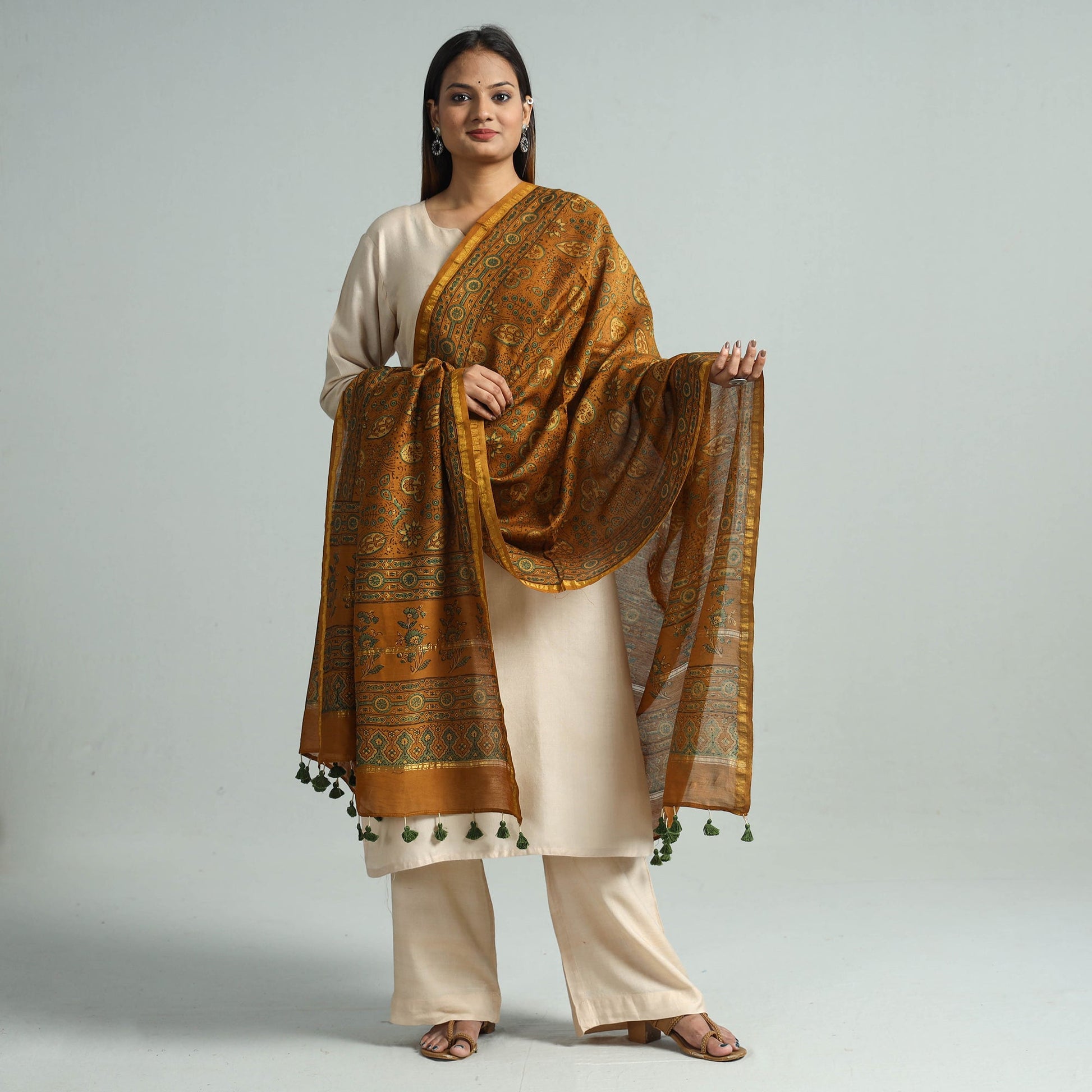 Brown - Hand Block Print Chanderi Silk Ajrakh Dupatta 59