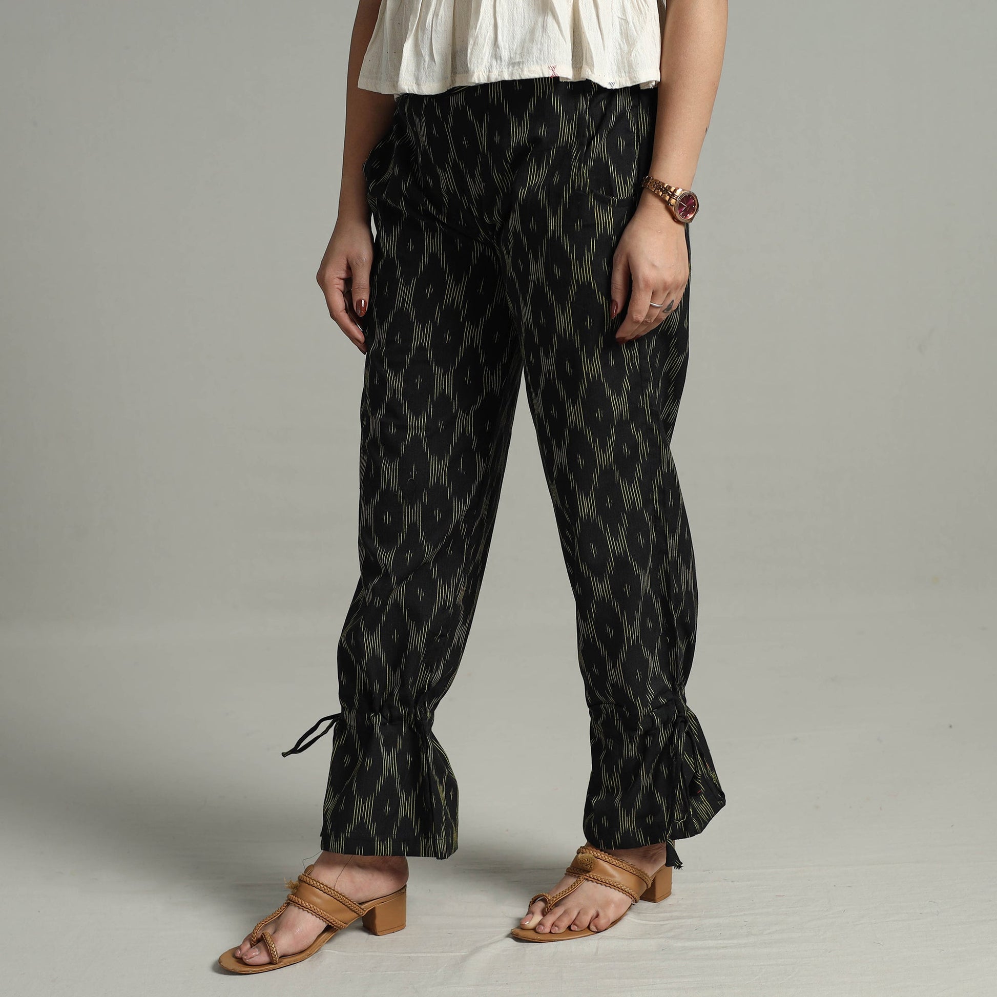 Black - Pochampally Ikat Weave Cotton Elasticated Pant 14