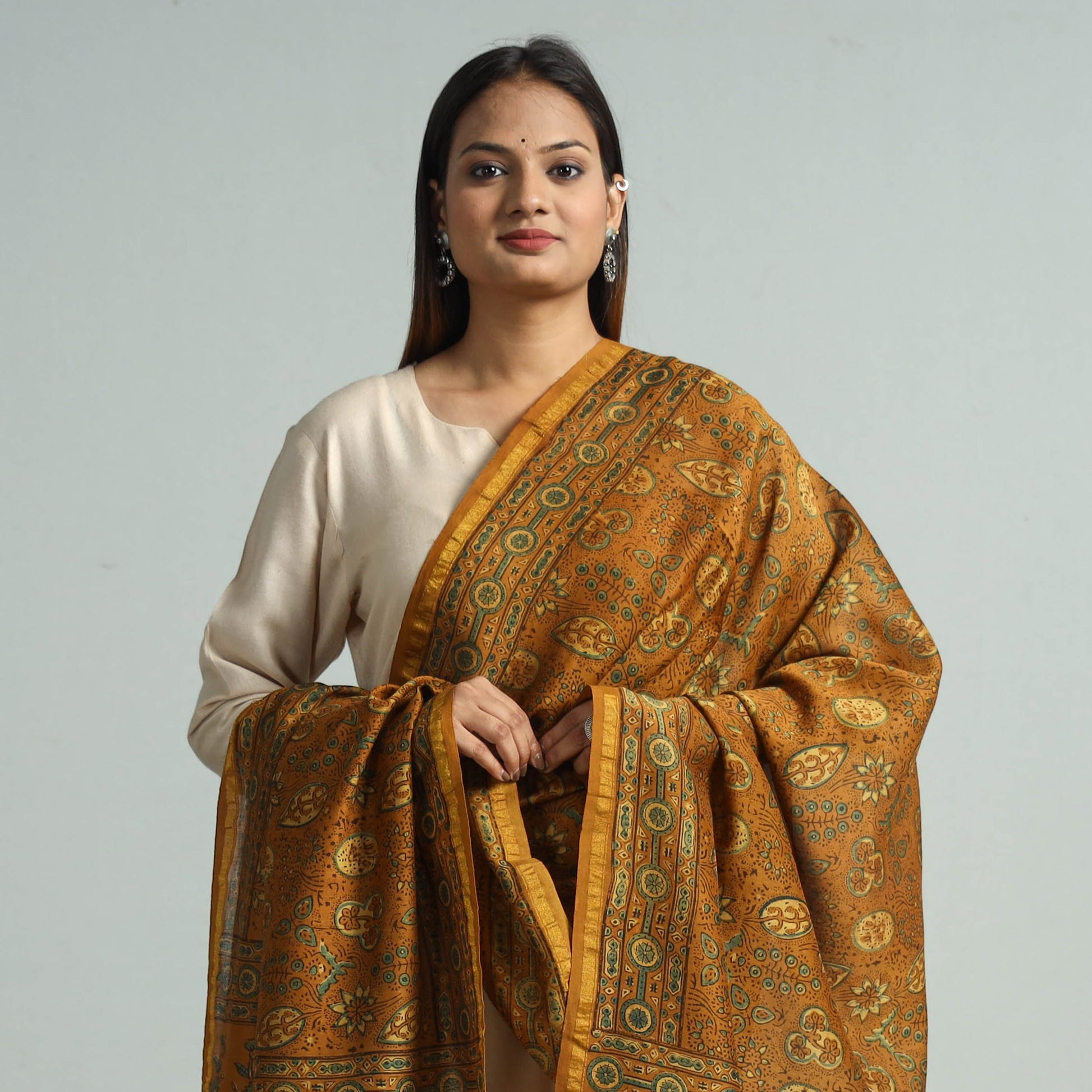Brown - Hand Block Print Chanderi Silk Ajrakh Dupatta 59