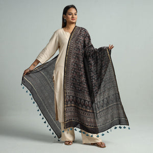 Black - Hand Block Print Chanderi Silk Ajrakh Dupatta 60