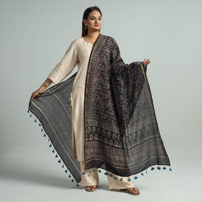Black - Hand Block Print Chanderi Silk Ajrakh Dupatta 60