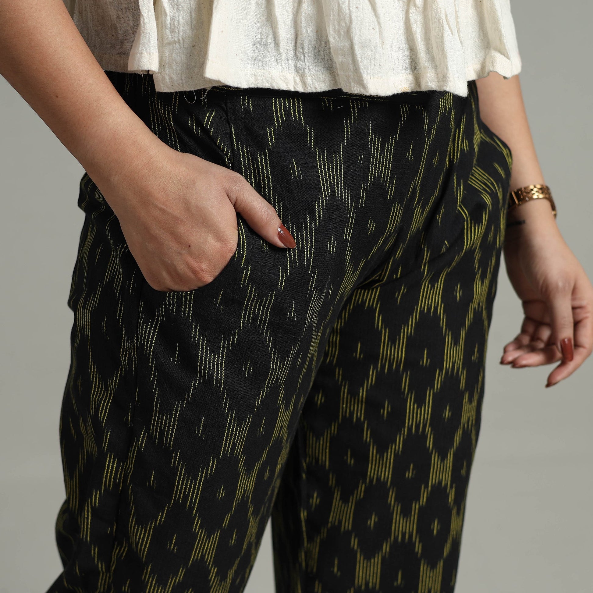 Black - Pochampally Ikat Weave Cotton Elasticated Pant 14