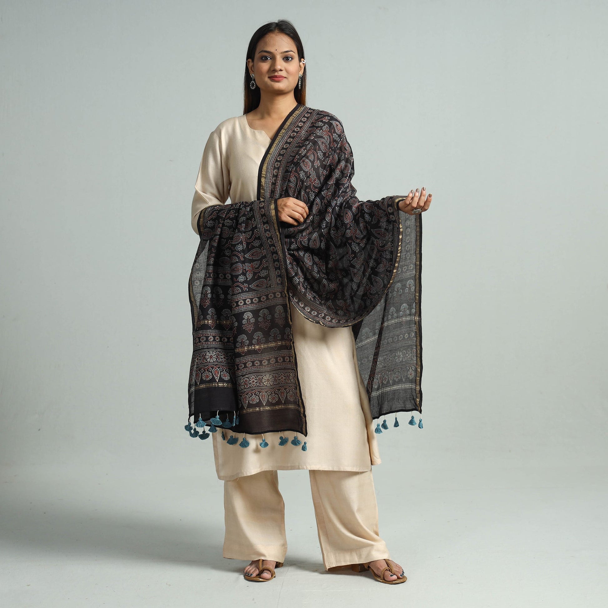 Black - Hand Block Print Chanderi Silk Ajrakh Dupatta 60