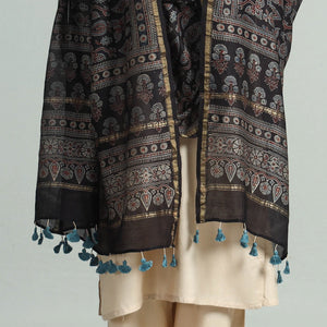 Black - Hand Block Print Chanderi Silk Ajrakh Dupatta 60