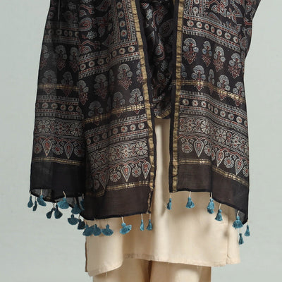 Black - Hand Block Print Chanderi Silk Ajrakh Dupatta 60
