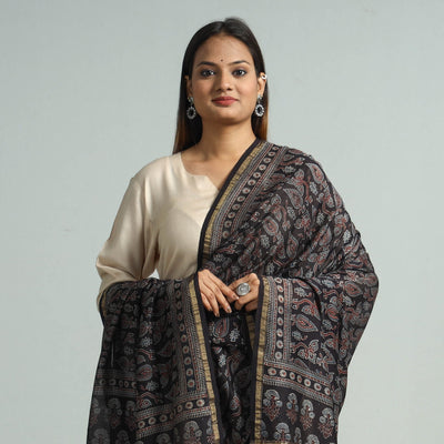 Black - Hand Block Print Chanderi Silk Ajrakh Dupatta 60