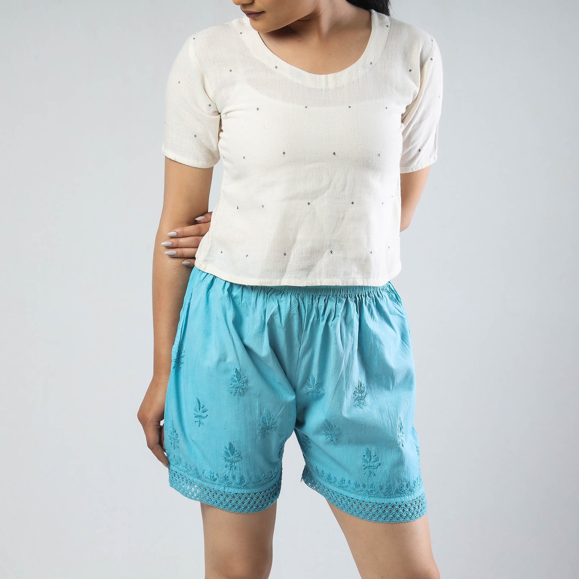 Blue - Chikankari Hand Embroidered Cotton Short