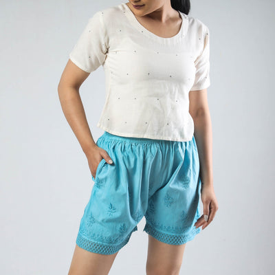 Blue - Chikankari Hand Embroidered Cotton Short