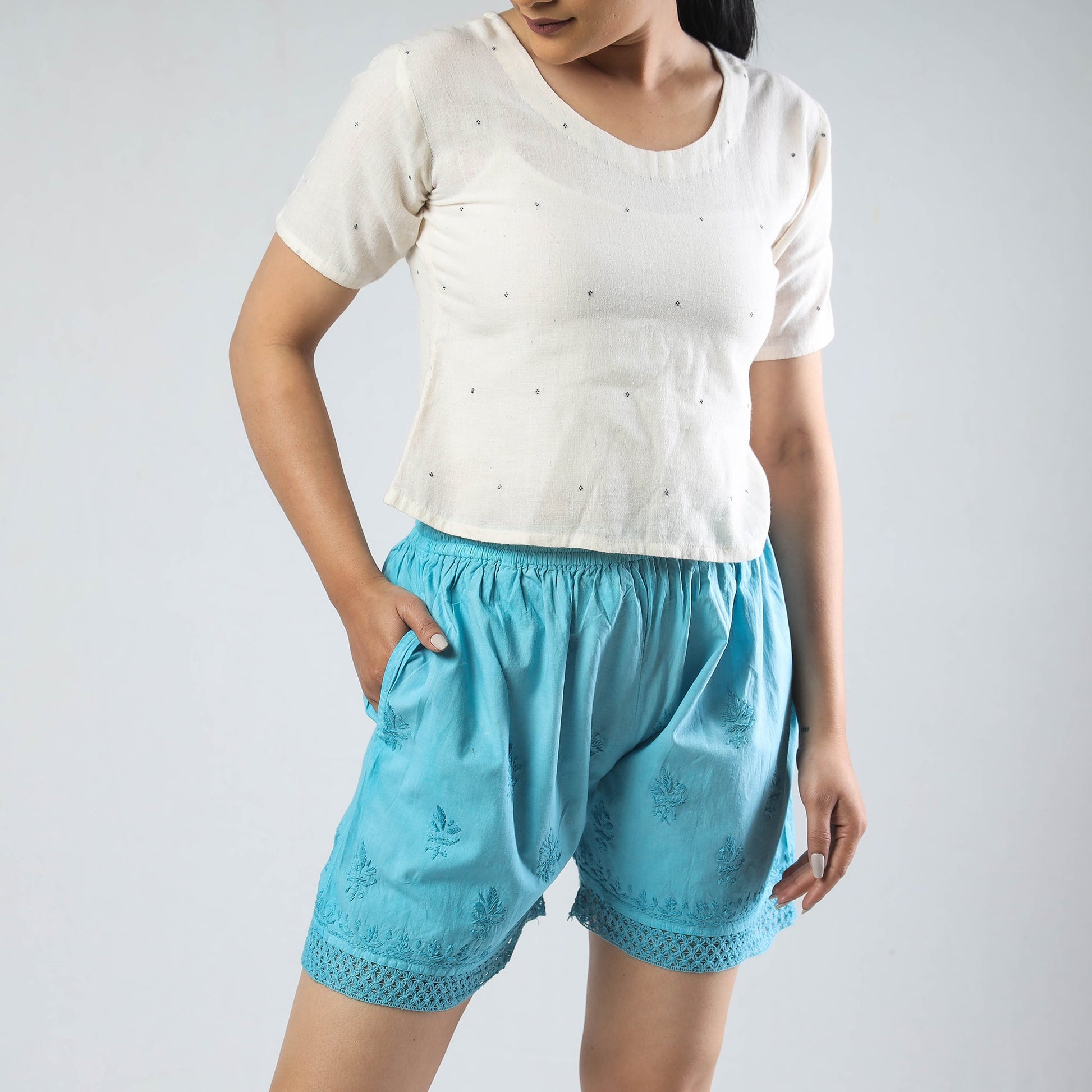 Blue - Chikankari Hand Embroidered Cotton Short