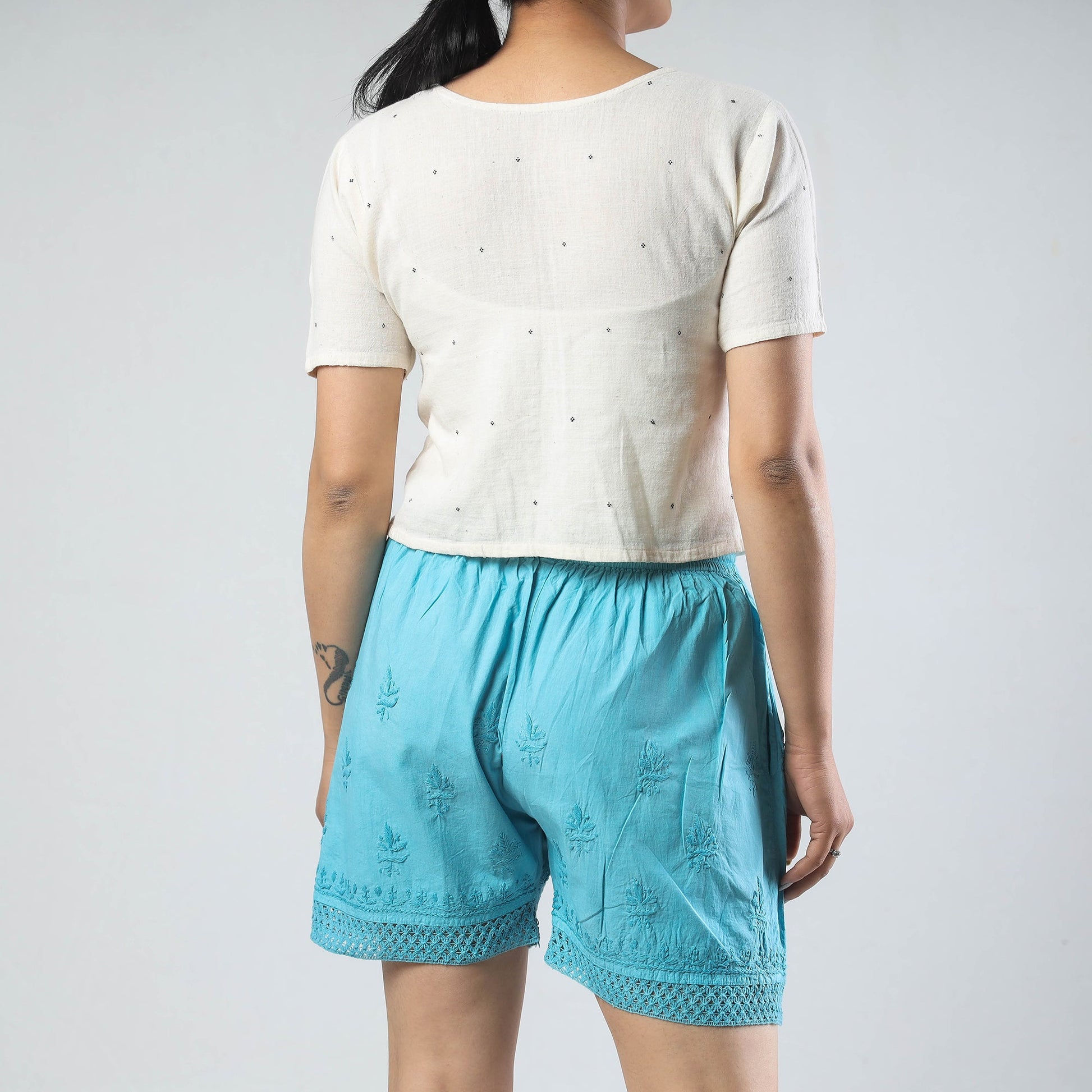 Blue - Chikankari Hand Embroidered Cotton Short