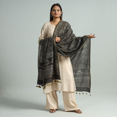 Brown - Hand Block Print Chanderi Silk Ajrakh Dupatta 62