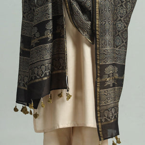 Brown - Hand Block Print Chanderi Silk Ajrakh Dupatta 62