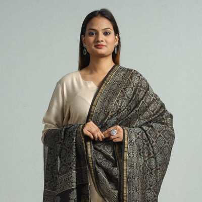 Brown - Hand Block Print Chanderi Silk Ajrakh Dupatta 62