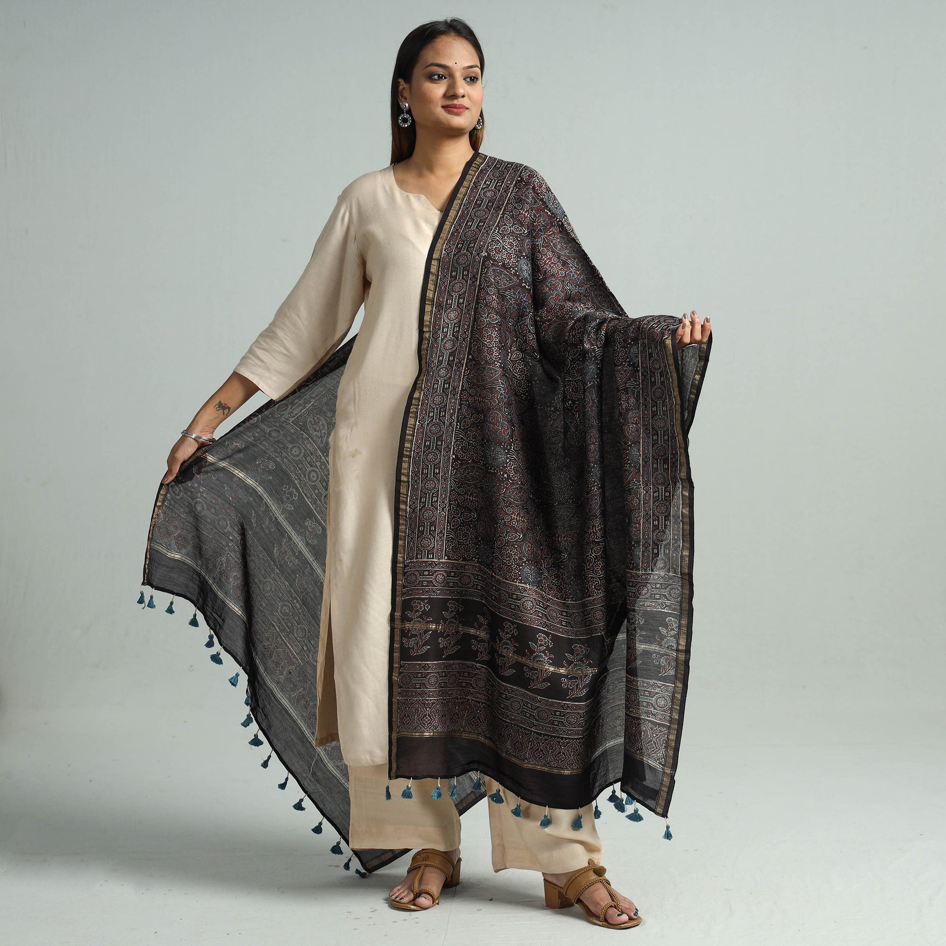Black - Hand Block Print Chanderi Silk Ajrakh Dupatta 64