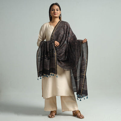 Black - Hand Block Print Chanderi Silk Ajrakh Dupatta 64