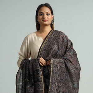 Black - Hand Block Print Chanderi Silk Ajrakh Dupatta 64