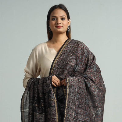 Black - Hand Block Print Chanderi Silk Ajrakh Dupatta 64