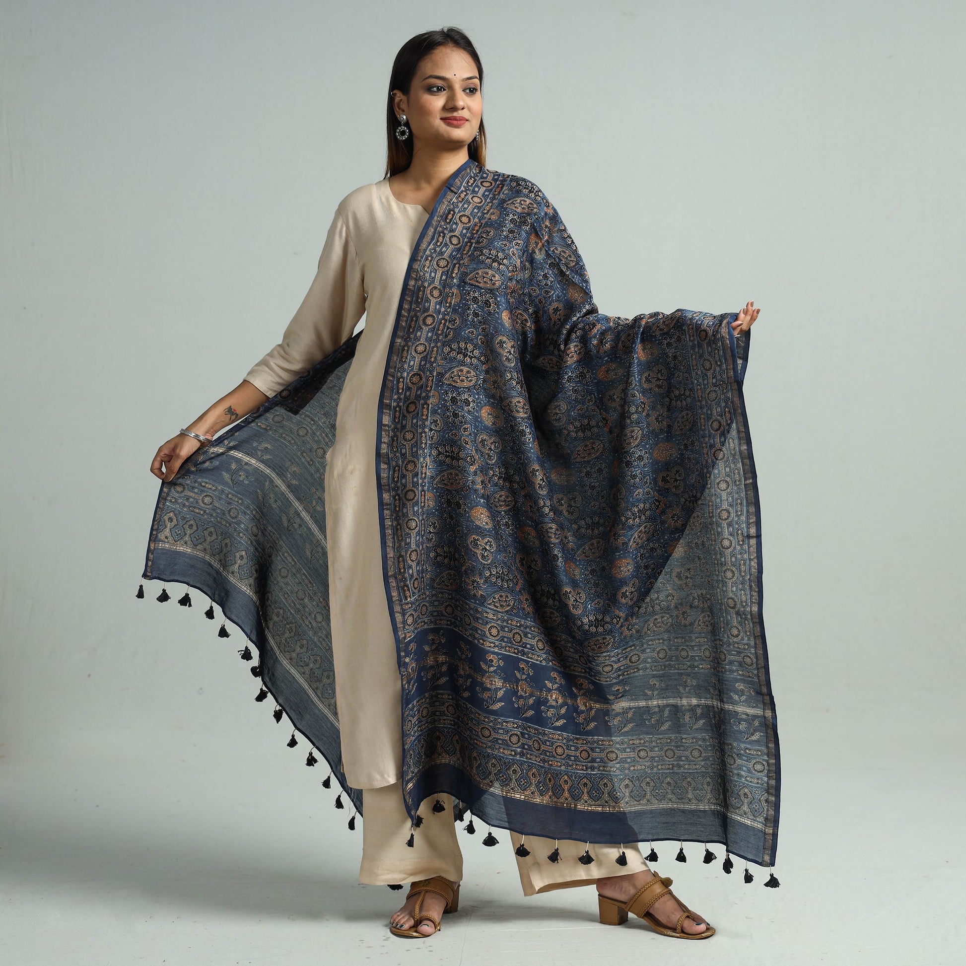 Blue - Hand Block Print Chanderi Silk Ajrakh Dupatta 65
