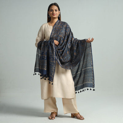 Blue - Hand Block Print Chanderi Silk Ajrakh Dupatta 65