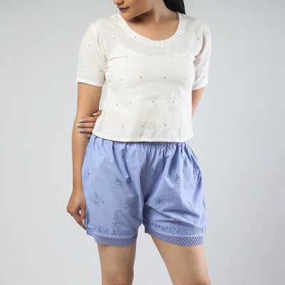 Blue - Chikankari Hand Embroidered Cotton Short