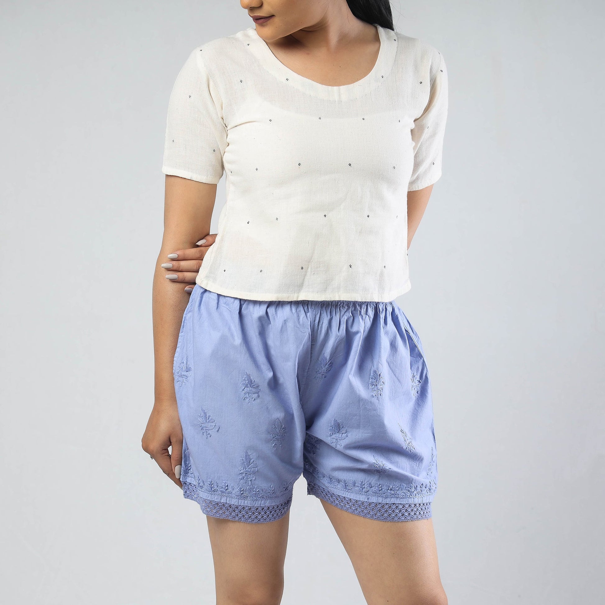 Blue - Chikankari Hand Embroidered Cotton Short