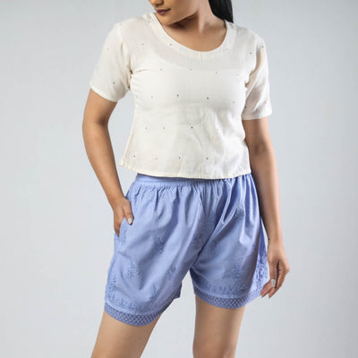 Blue - Chikankari Hand Embroidered Cotton Short