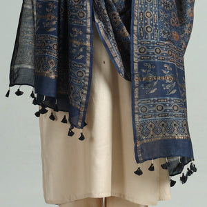 Blue - Hand Block Print Chanderi Silk Ajrakh Dupatta 65