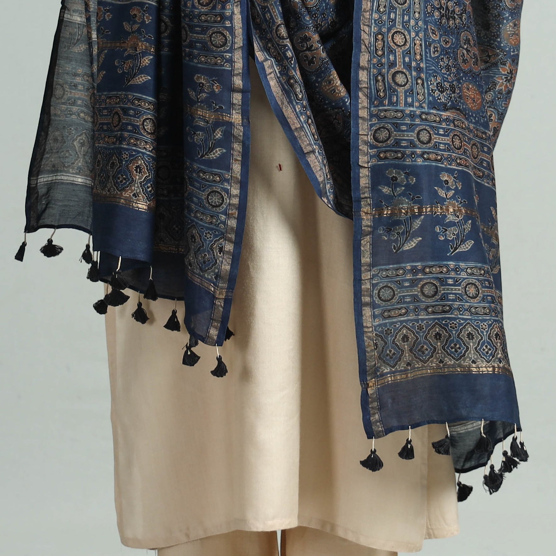 Blue - Hand Block Print Chanderi Silk Ajrakh Dupatta 65