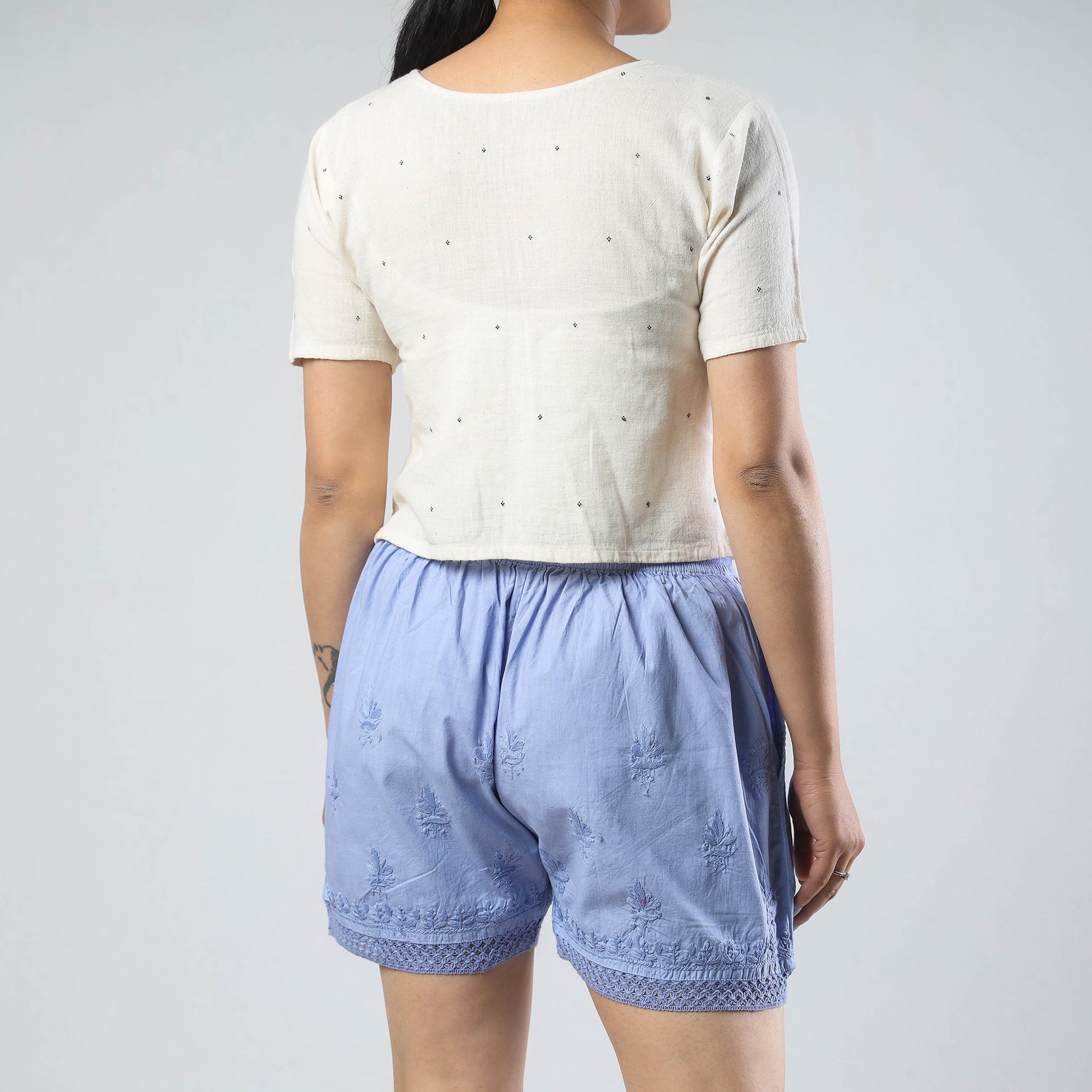 Blue - Chikankari Hand Embroidered Cotton Short