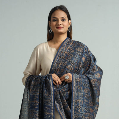 Blue - Hand Block Print Chanderi Silk Ajrakh Dupatta 65