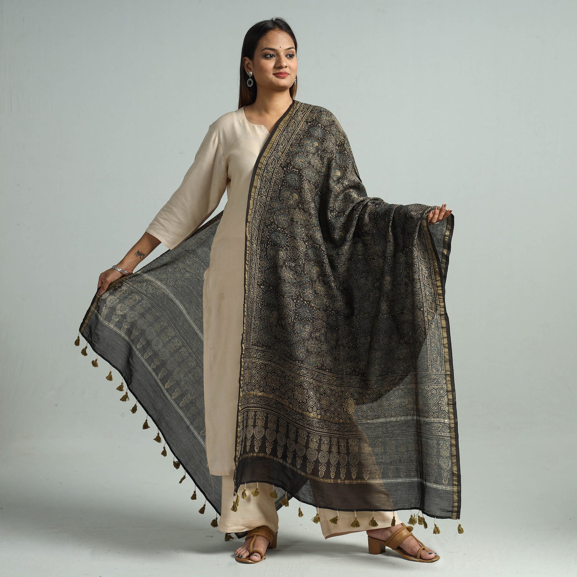 Brown - Hand Block Print Chanderi Silk Ajrakh Dupatta 66