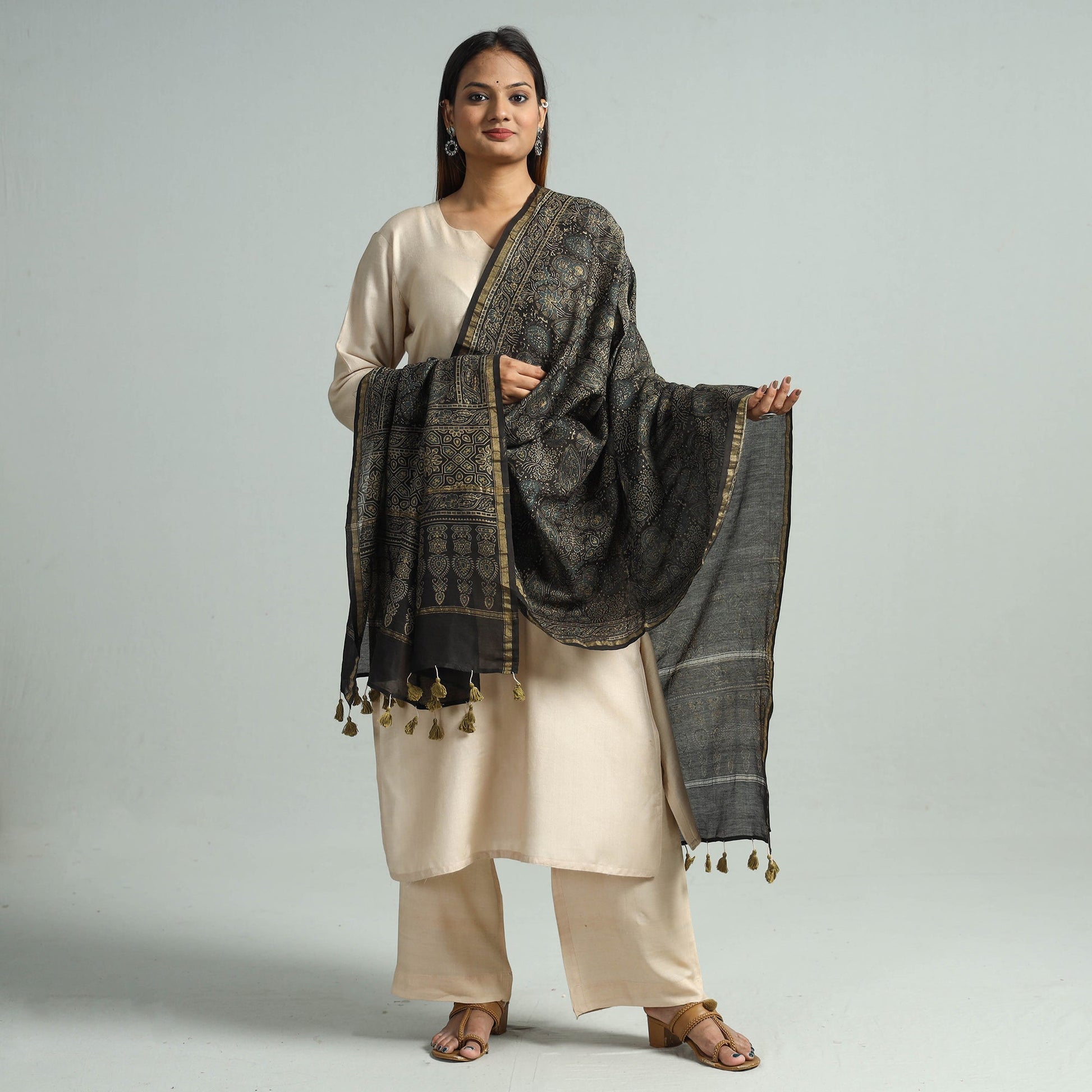 Brown - Hand Block Print Chanderi Silk Ajrakh Dupatta 66