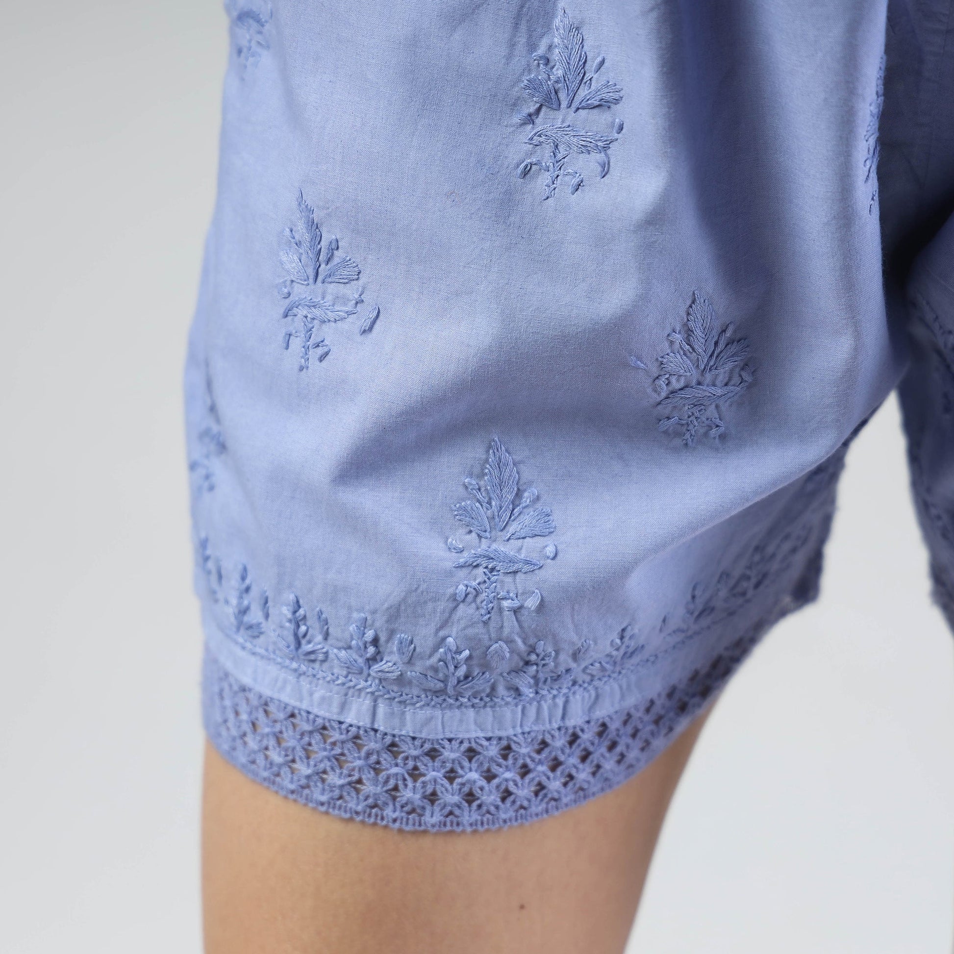 Blue - Chikankari Hand Embroidered Cotton Short