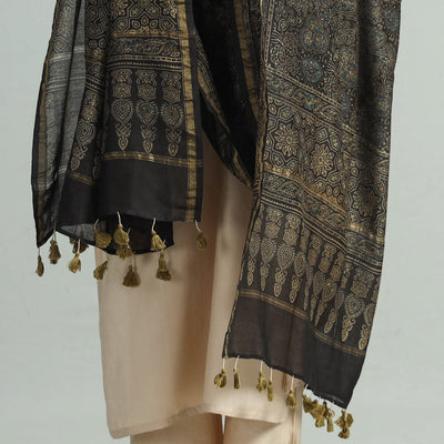 Brown - Hand Block Print Chanderi Silk Ajrakh Dupatta 66