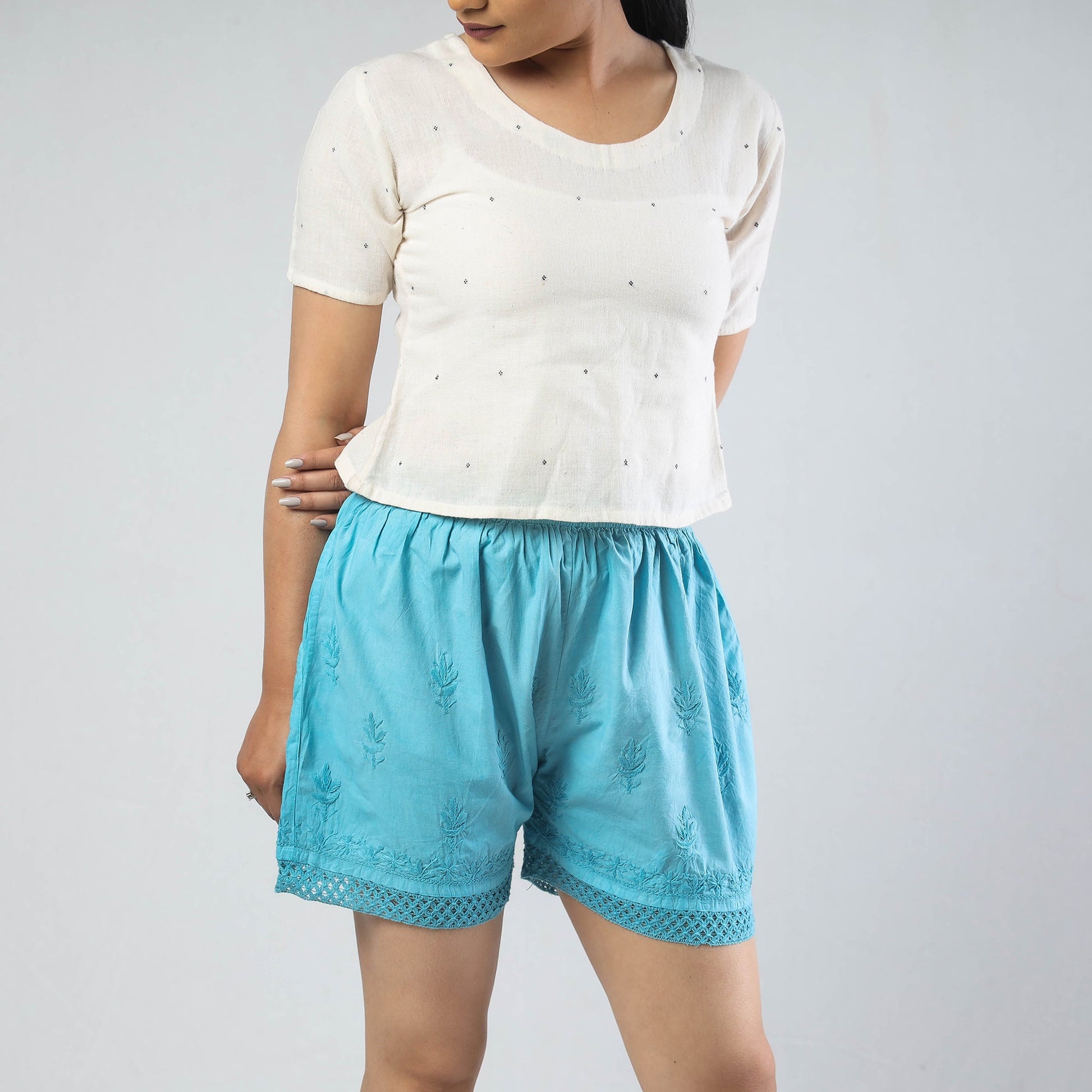 Blue - Chikankari Hand Embroidered Cotton Short