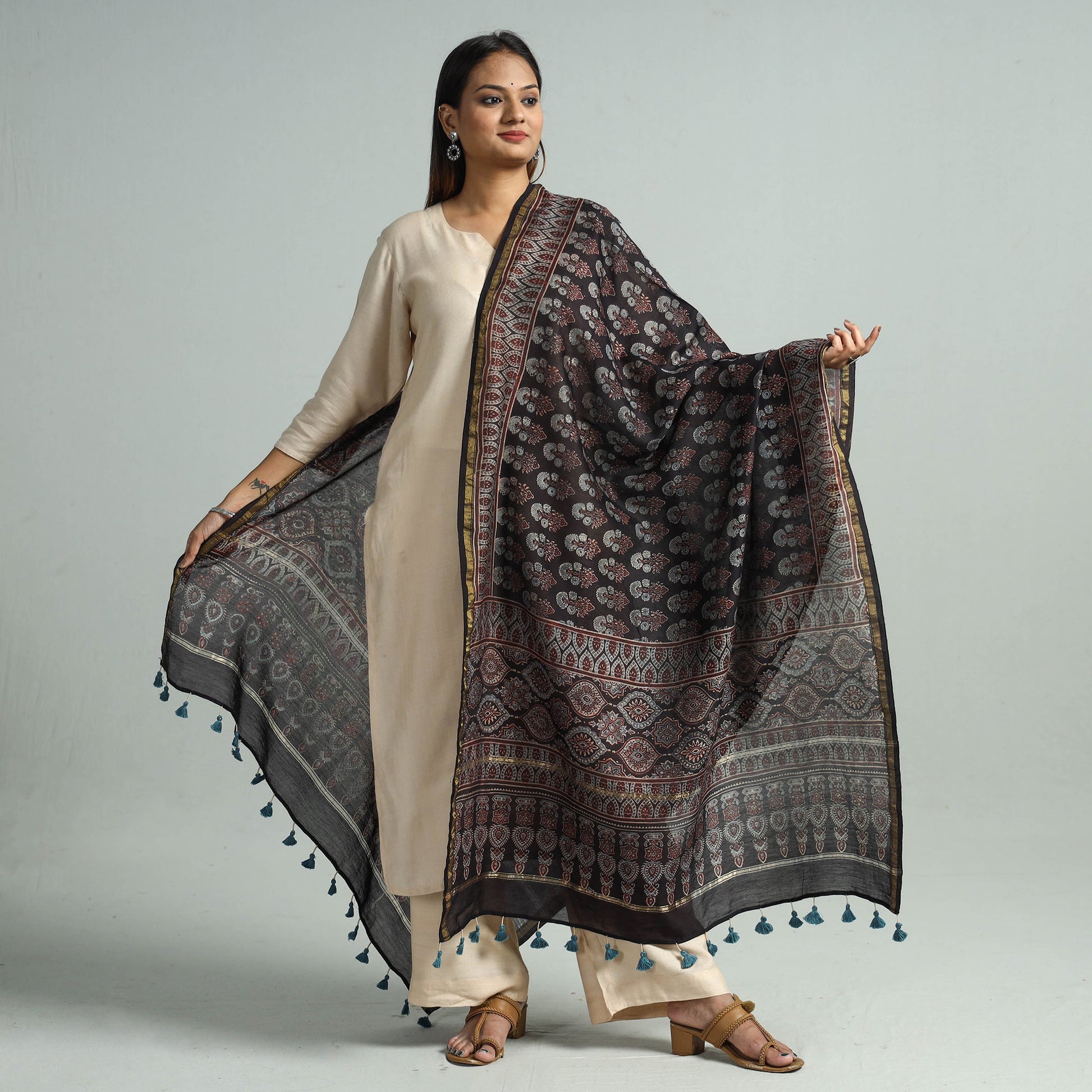 Black - Hand Block Print Chanderi Silk Ajrakh Dupatta 67