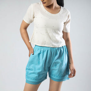 Blue - Chikankari Hand Embroidered Cotton Short