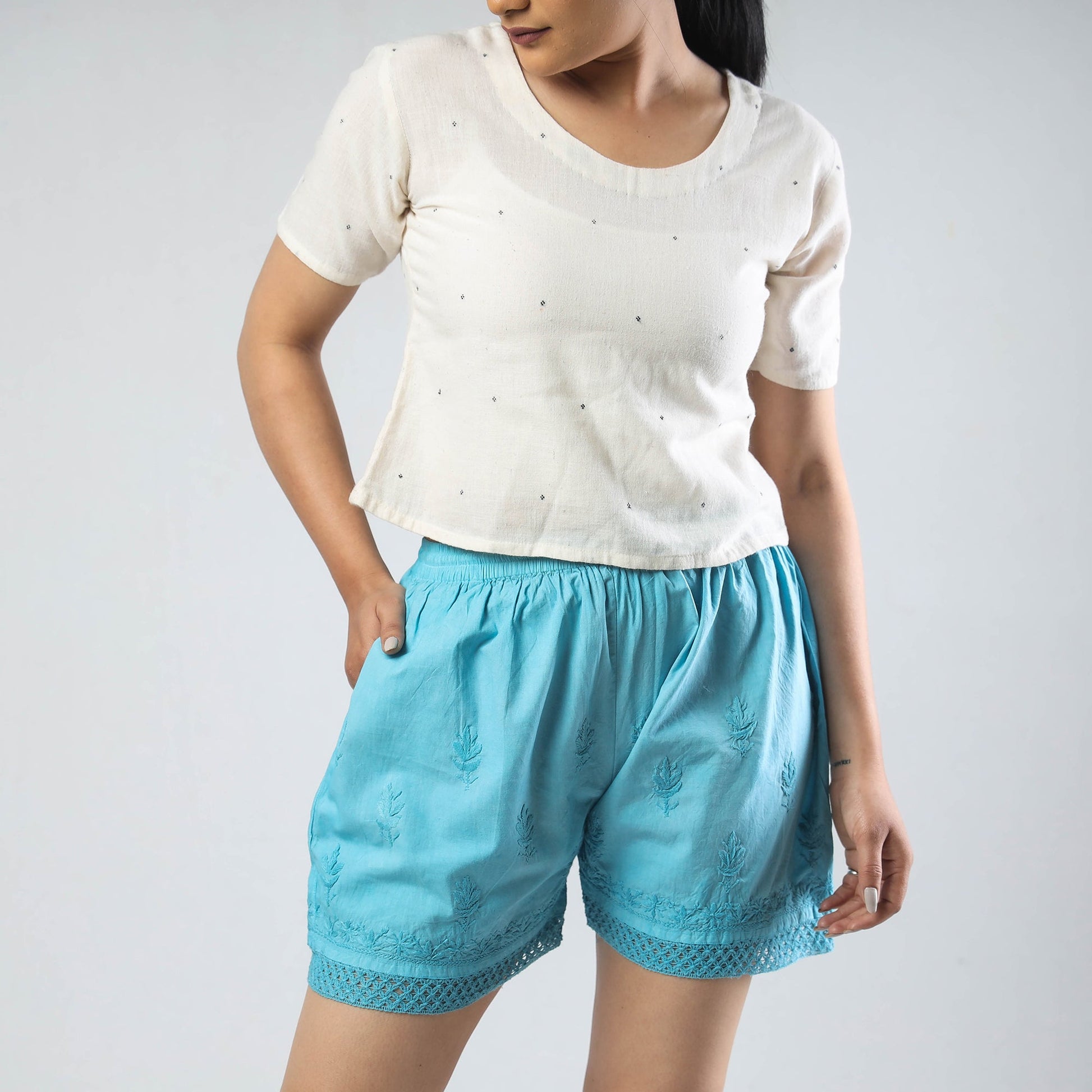 Blue - Chikankari Hand Embroidered Cotton Short