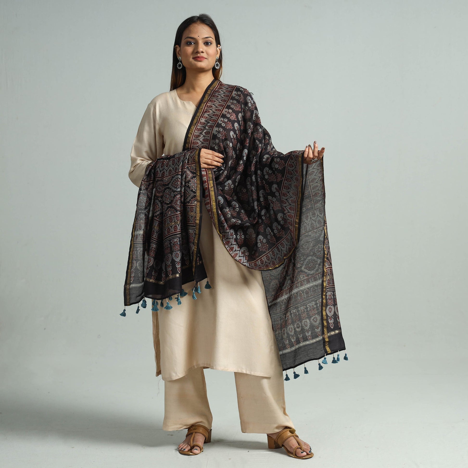 Black - Hand Block Print Chanderi Silk Ajrakh Dupatta 67