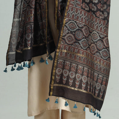 Black - Hand Block Print Chanderi Silk Ajrakh Dupatta 67