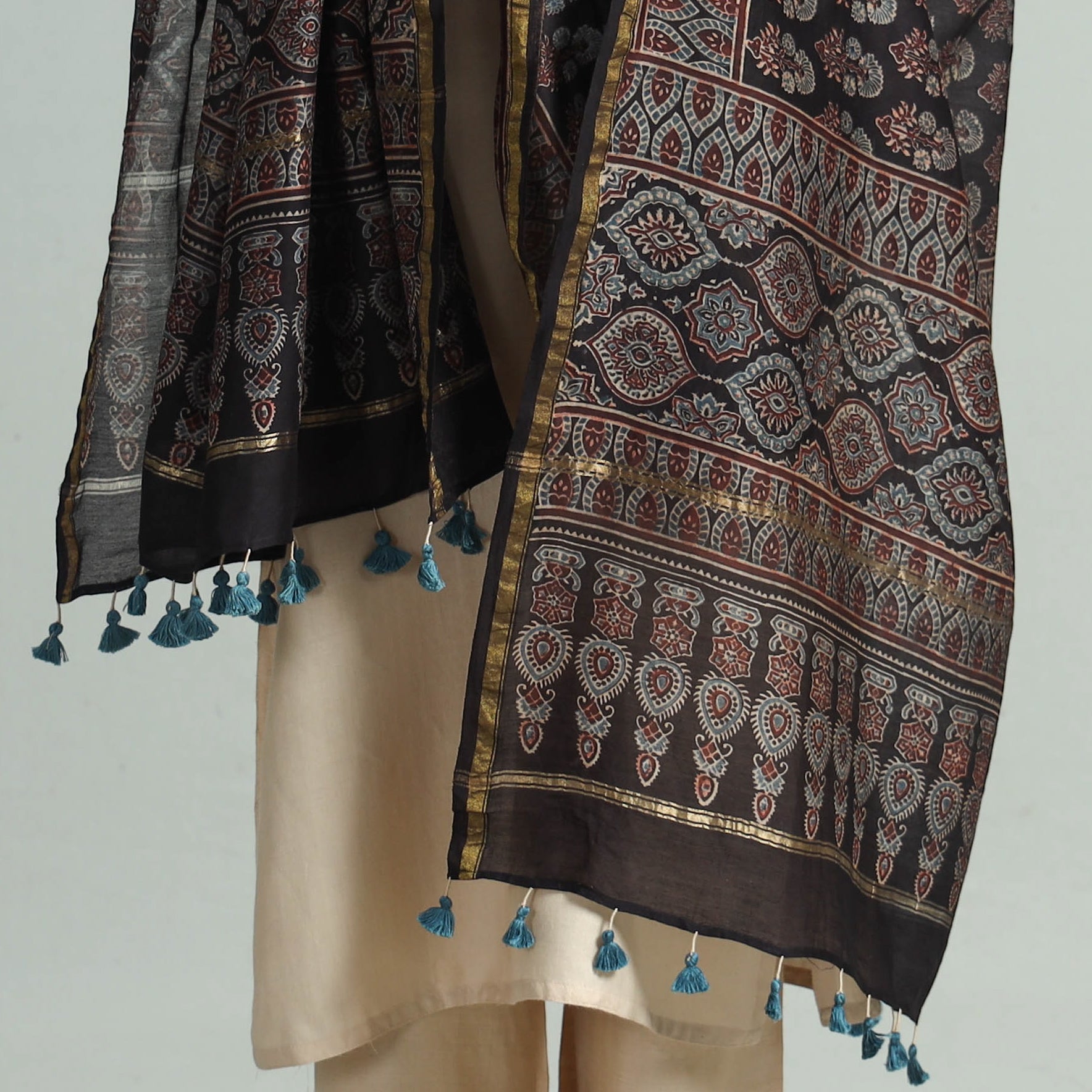 Black - Hand Block Print Chanderi Silk Ajrakh Dupatta 67