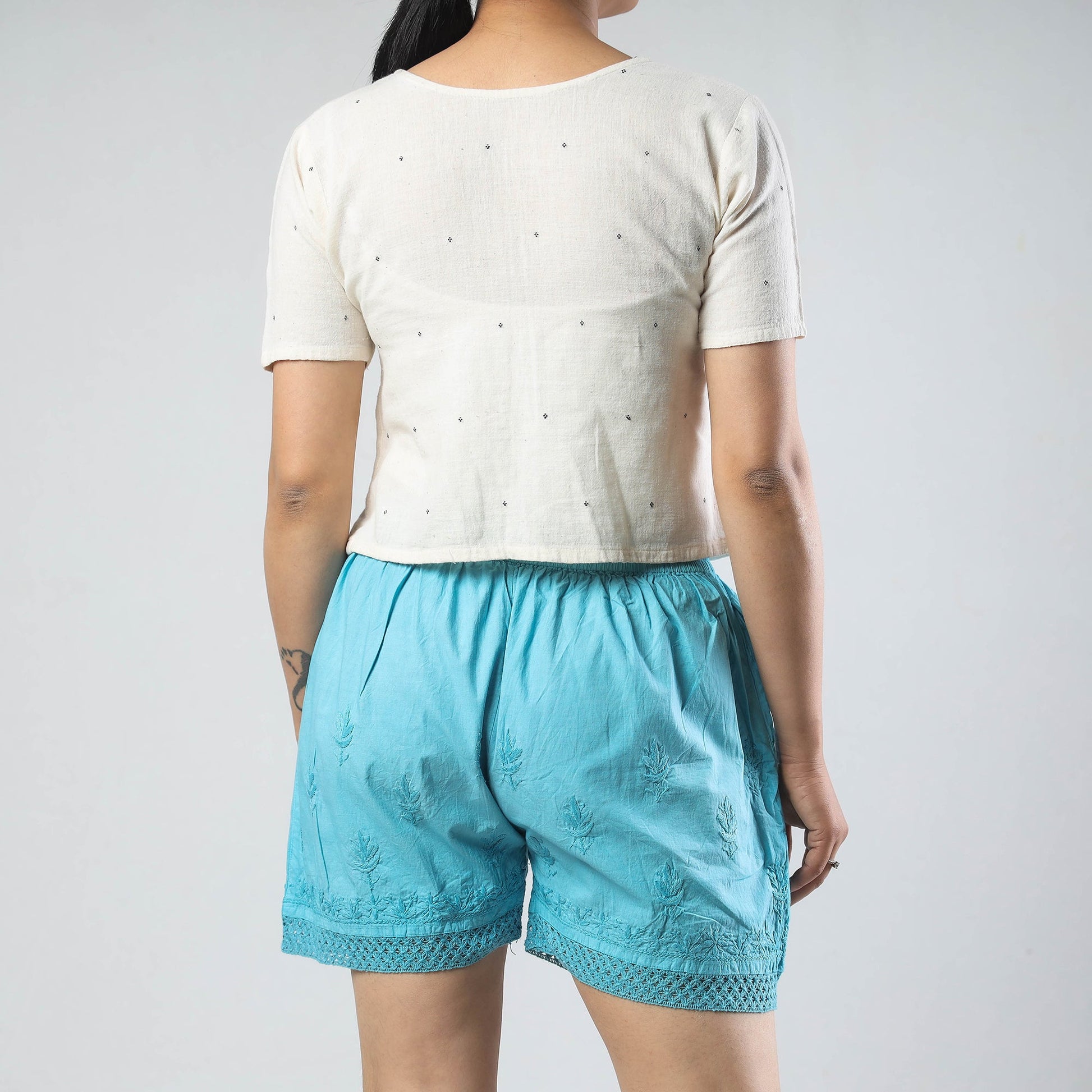 Blue - Chikankari Hand Embroidered Cotton Short