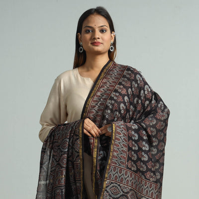 Black - Hand Block Print Chanderi Silk Ajrakh Dupatta 67